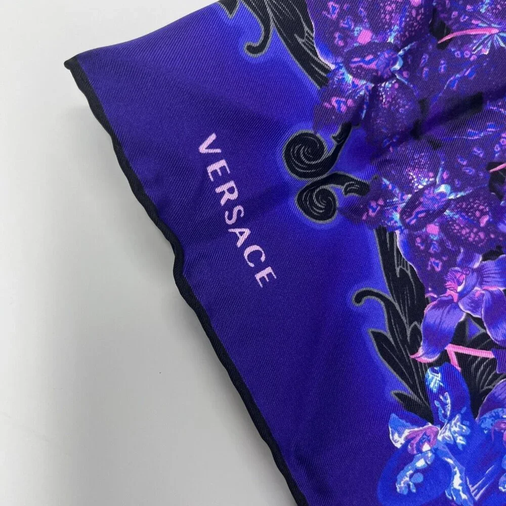 Versace Orchid Print 100% Silk Square Purple Black Scarf Rtl $525 New with Tags
